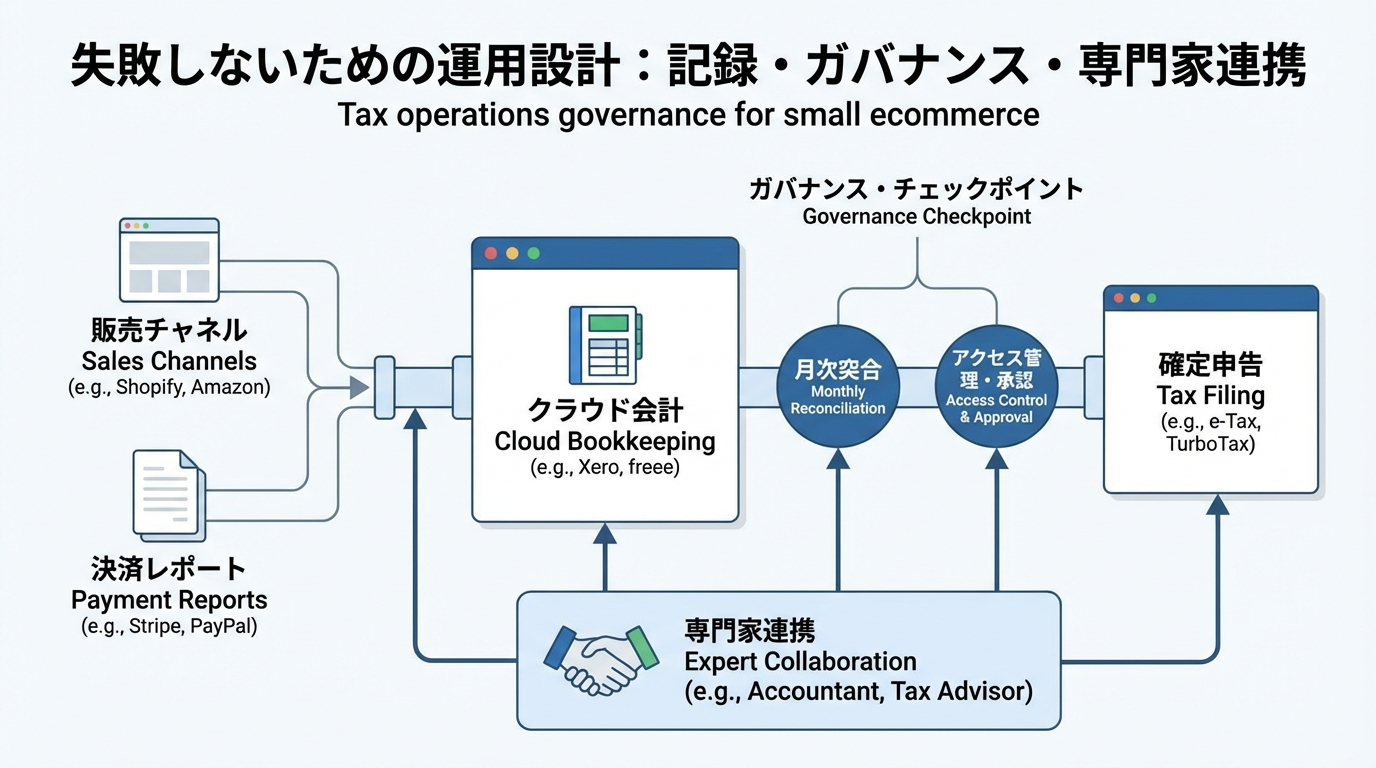 複数の販売チャネルや決済レポートからデータが流れ込み、会計・税申告・保管へとつながるパイプラインと、月次レビューなどのチェックポイントを示す図