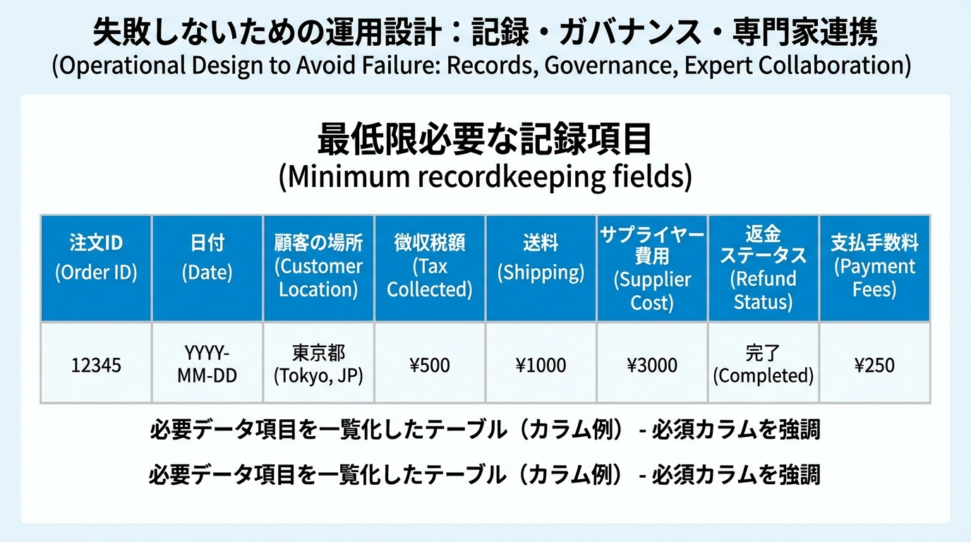 注文IDや日付、顧客所在地、徴収した税額、送料、仕入原価、返金ステータス、決済手数料などのカラムを持つテーブル形式の記録テンプレート図