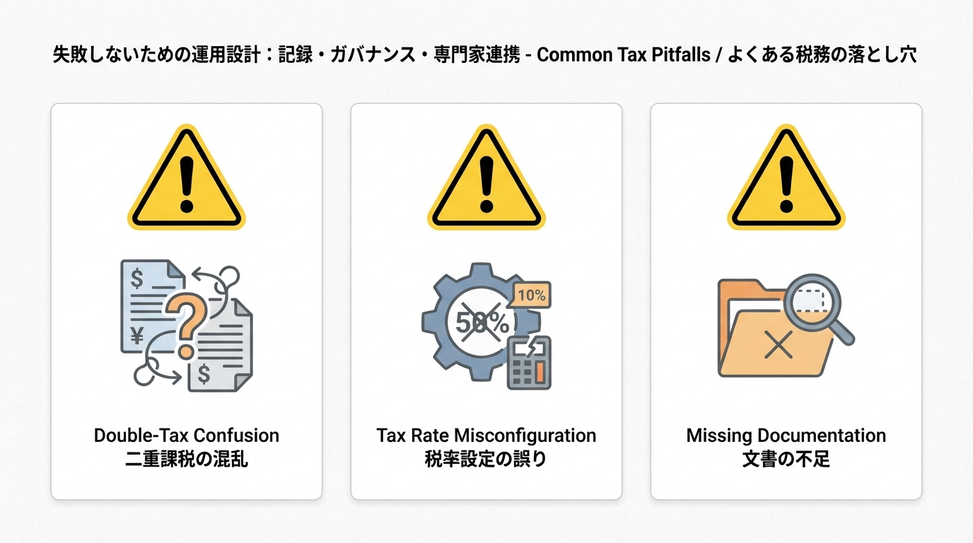 二重課税の誤解、税率設定ミス、証憑不足という3つのリスクを警告アイコン付きカードで示した図解