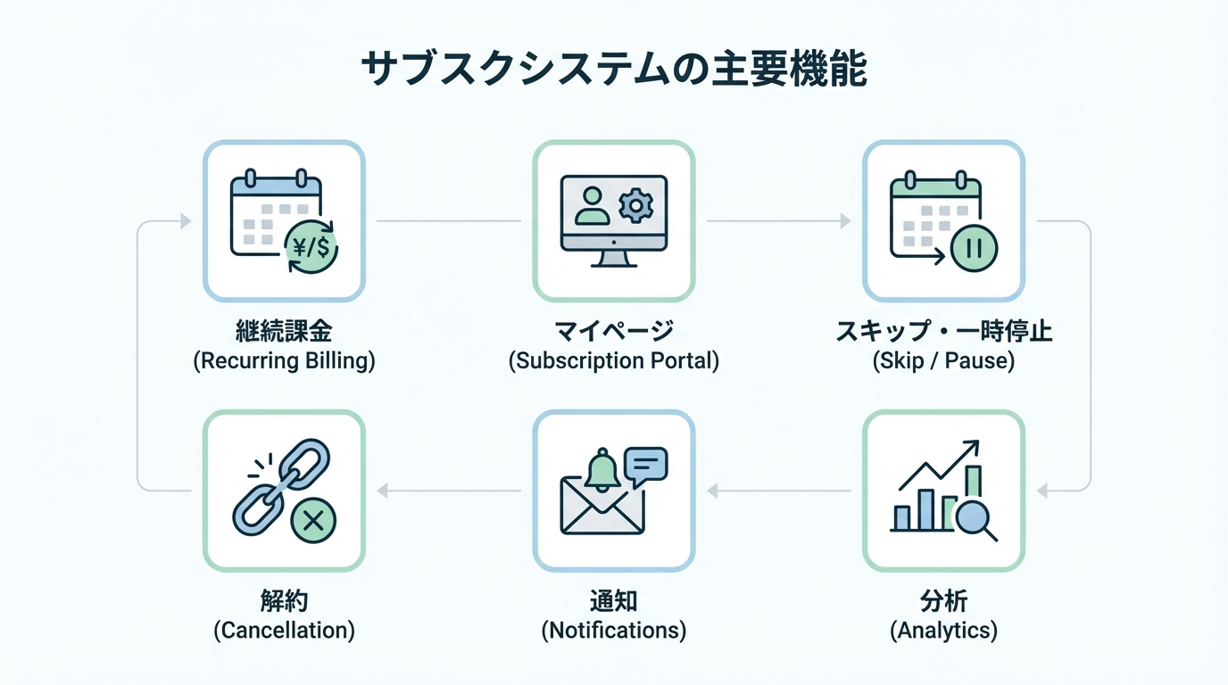 継続課金、顧客マイページ、スキップ・一時停止、解約、通知、分析など定期購入に必要な主要機能をアイコンで整理したインフォグラフィック