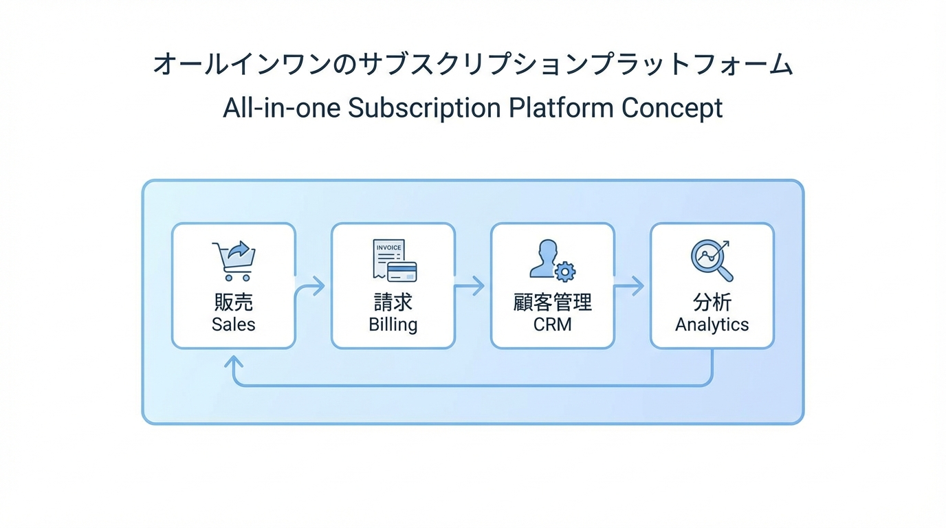 販売・請求・顧客管理・分析など複数モジュールが一つのオールインワン基盤の中に収まり、ワークフローがシンプルになる構成図