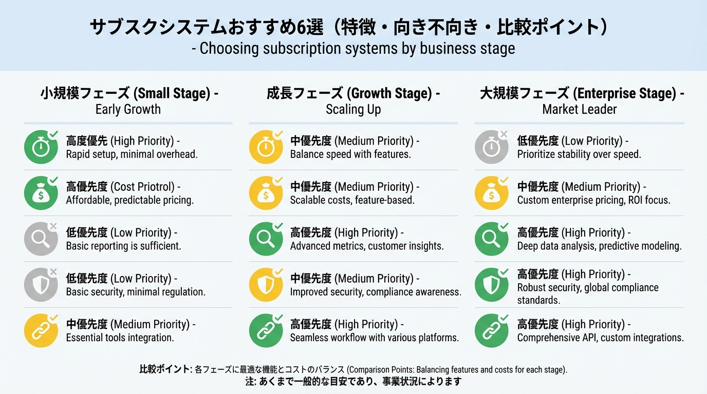 小規模、成長期、エンタープライズの3つの事業フェーズごとに、スピード、コスト、分析、自動化、ガバナンス、連携などの優先度を並べた図