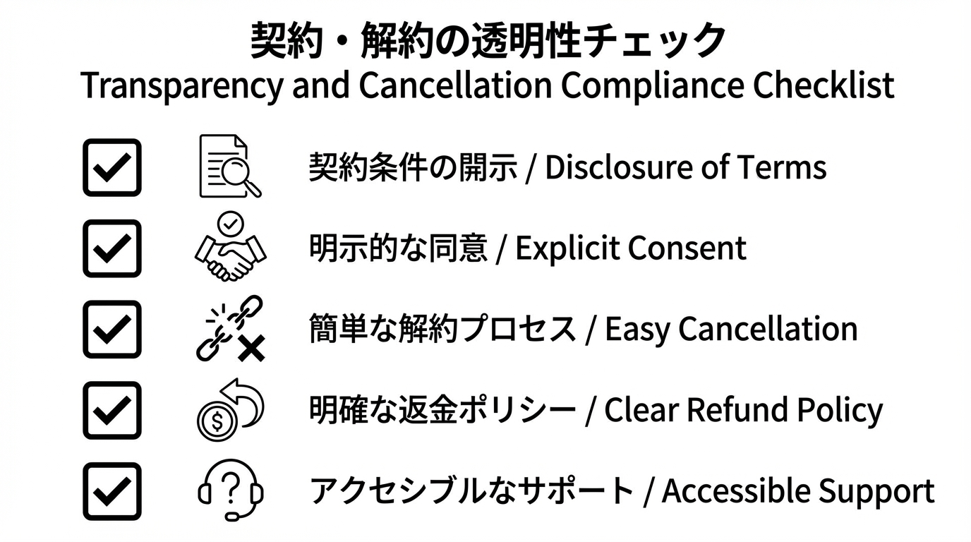 料金表示、契約条件、解約方法、返金ポリシー、サポート窓口などをアイコン付きで並べた契約・解約透明性チェック図