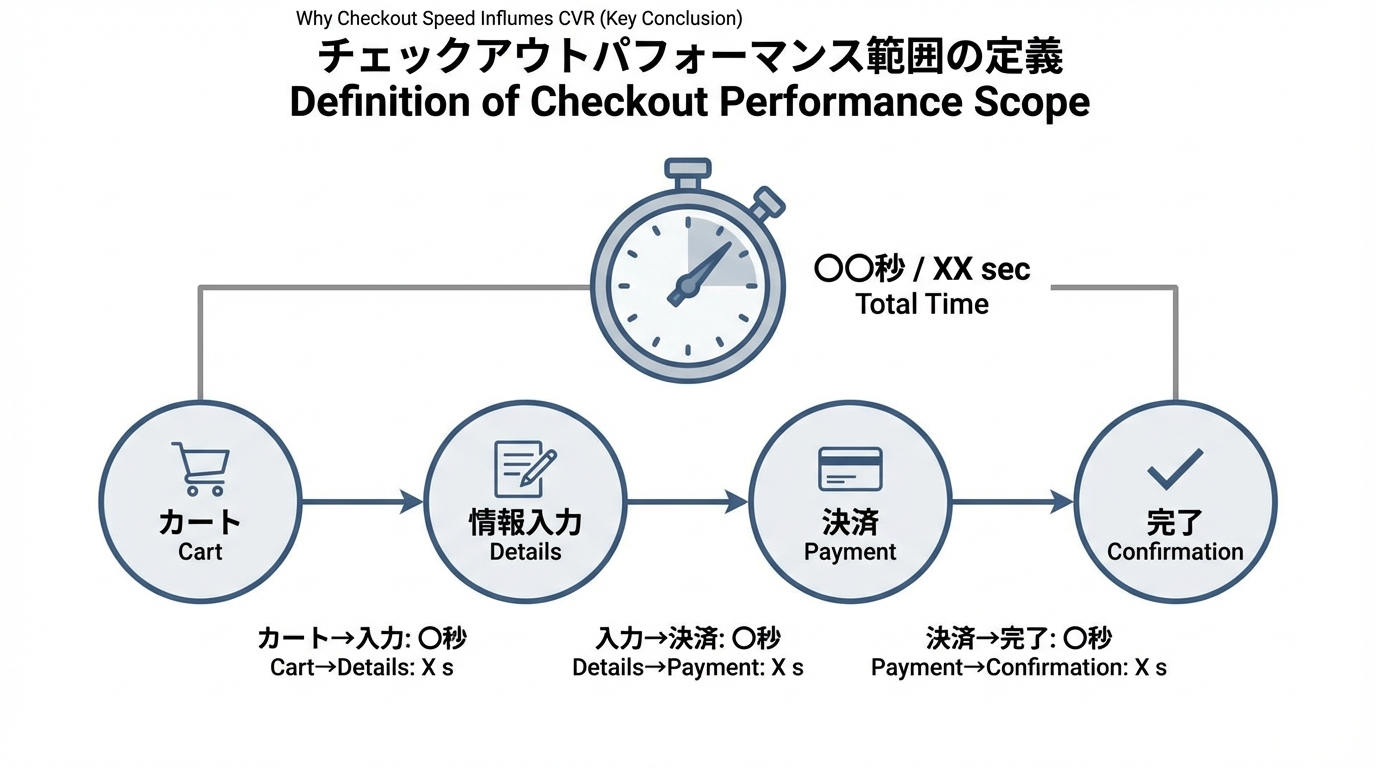 カート表示から情報入力、支払い、購入完了まで4ステップのタイムラインと計測ポイントを示す図