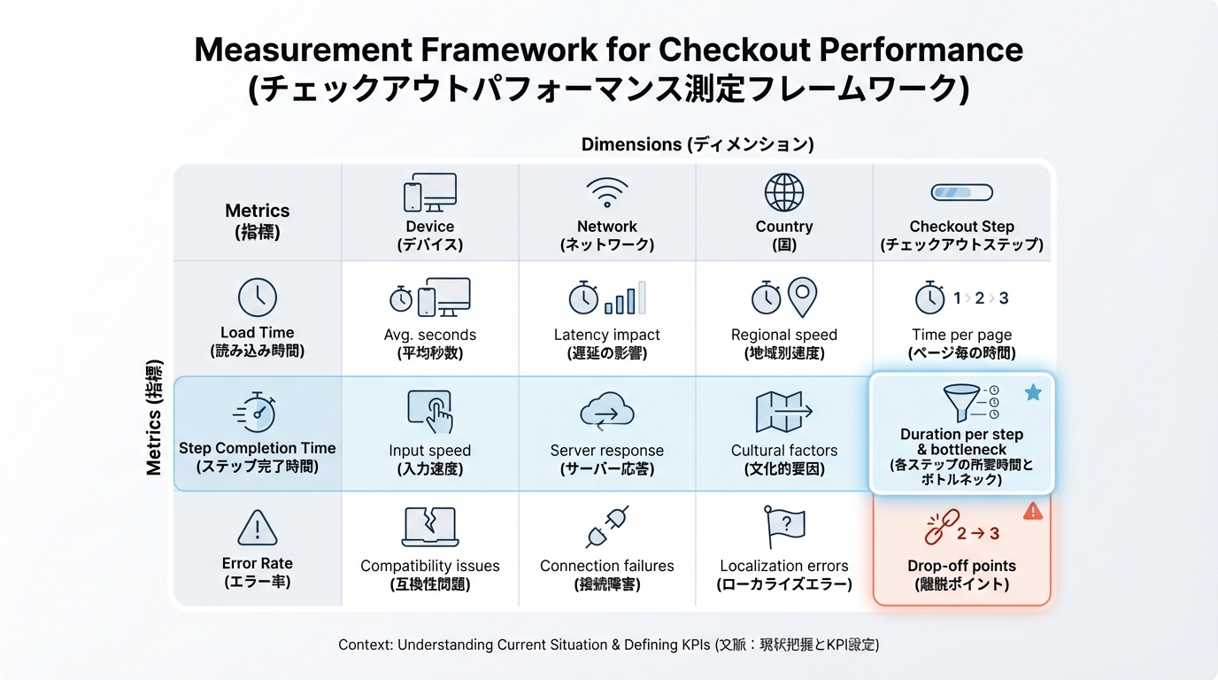 ロード時間やステップ完了時間、エラー率と、端末や回線、国、ステップなどの分析軸をマトリクスで整理したインフォグラフィック