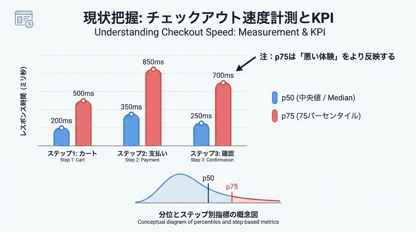 チェックアウト各ステップでのp50とp75レスポンスタイムを比較し、p75が悪い体験を表すことを示すグラフ