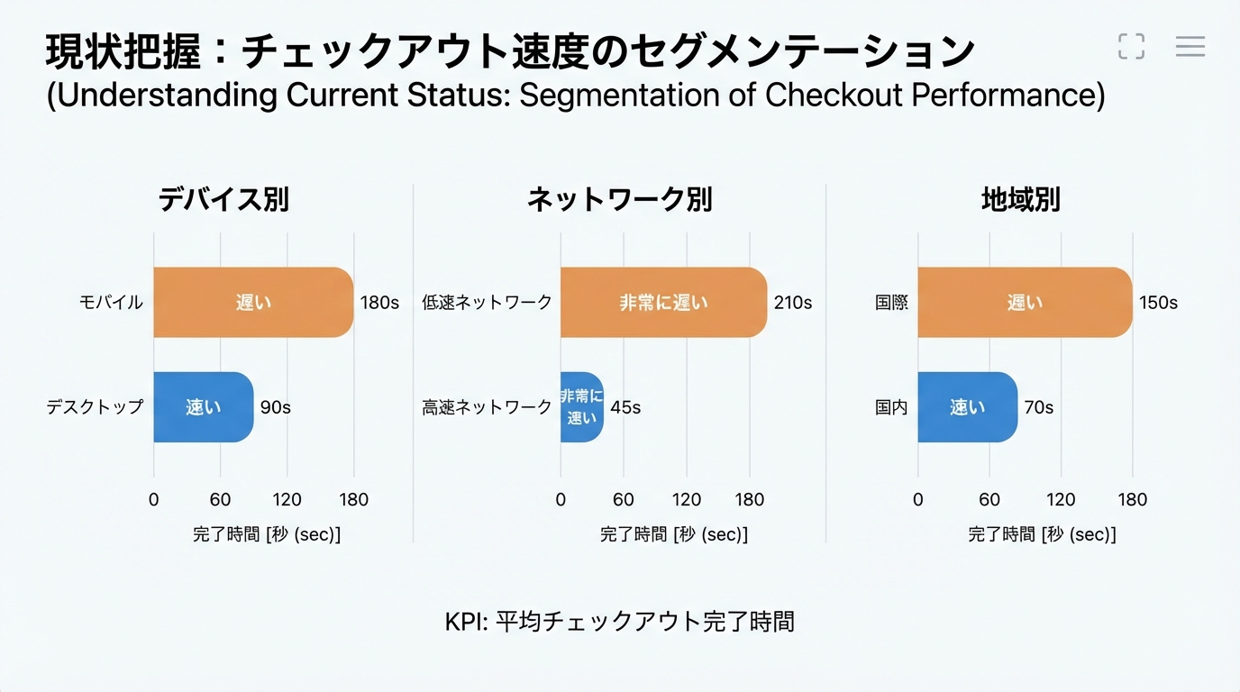 モバイルとデスクトップ、高速と低速回線、国内と海外などセグメントごとのチェックアウト完了時間を比較する小さな棒グラフの集合
