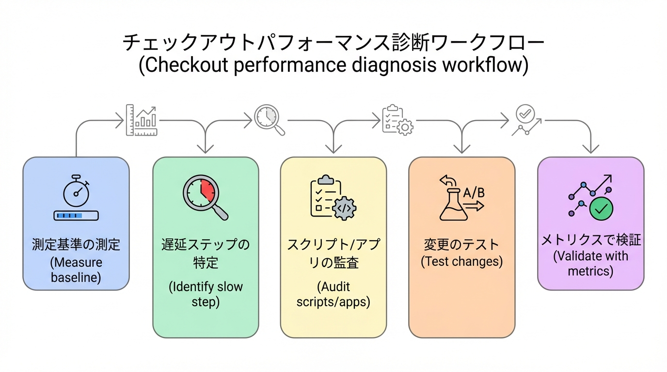 観測から仮説立案、スクリプトやアプリ監査、テスト、再計測までの診断フローを矢印でつないだ図