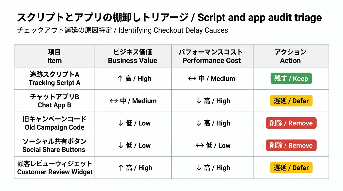 タグやアプリごとにビジネス価値とパフォーマンスコスト、対応方針を整理した棚卸し表