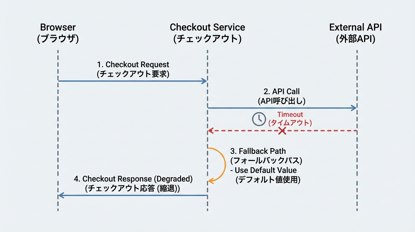 ブラウザからチェックアウト、外部APIへのリクエストとタイムアウト、フォールバック処理が流れるシーケンス図