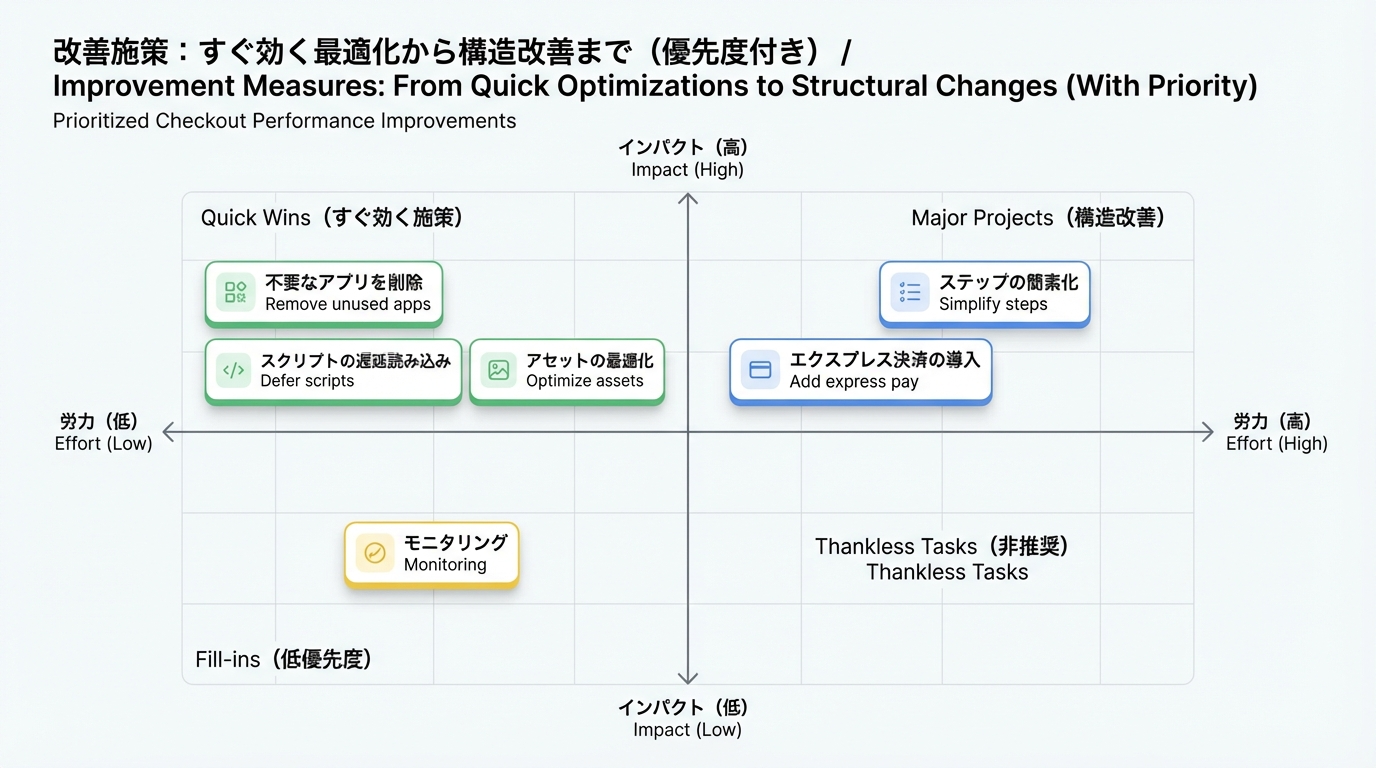 工数と効果の2軸で、アプリ削減、スクリプト遅延、アセット最適化、ステップ削減、エクスプレスペイ導入、監視などを配置した優先度マトリクス