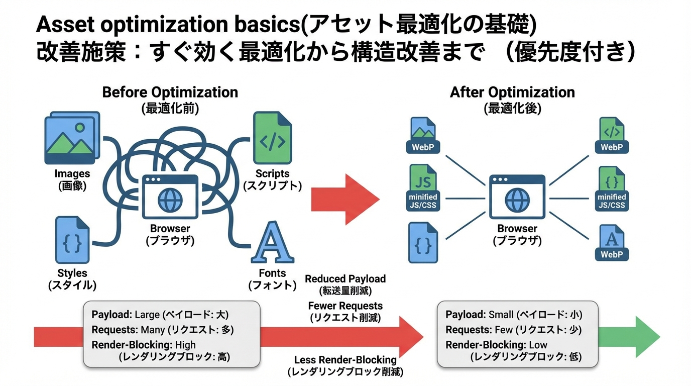 最適化前は転送量やリクエスト数が多く、最適化後はそれらが減少している様子を示すビフォーアフターのインフォグラフィック