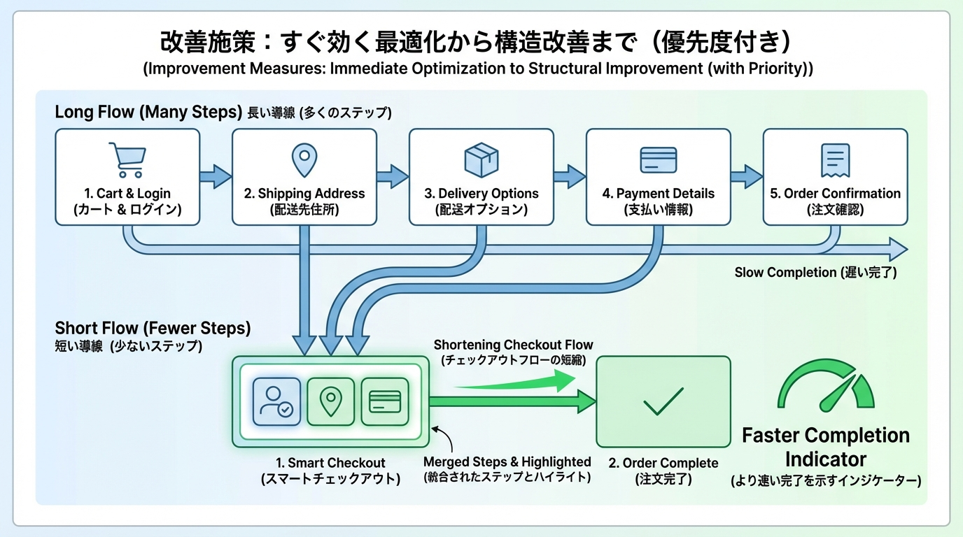 ステップ数の多い長いチェックアウトフローと、ステップを統合して短縮したフローを比較した図