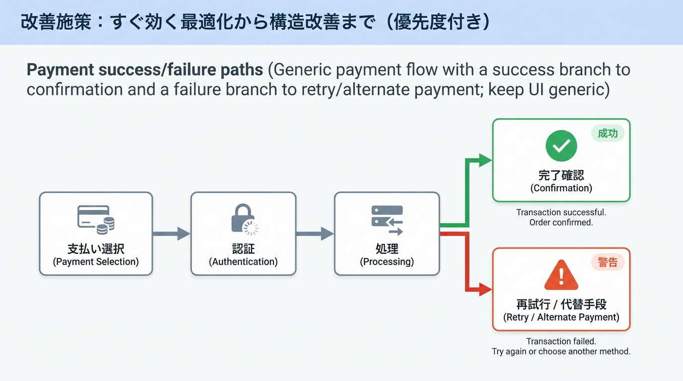 支払い手段選択から認証、成功時は完了ページへ、失敗時は再試行や別支払い手段に分岐するフロー図