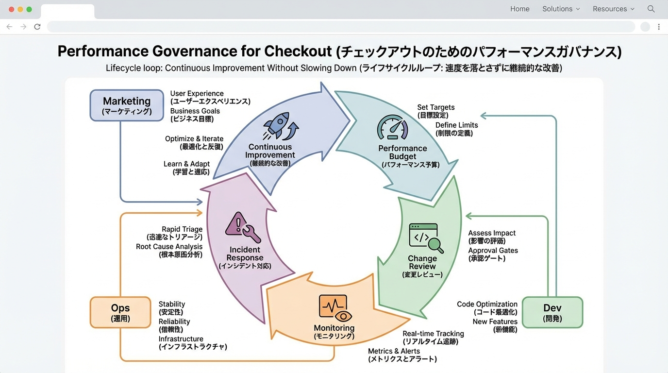 性能予算、変更レビュー、監視、インシデント対応、継続的改善が循環するライフサイクルループ図と、マーケ・開発・運用などの役割ラベル