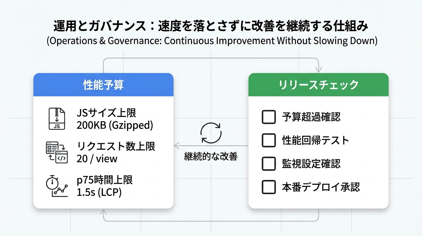 JSサイズやリクエスト数、p75完了時間の上限例を示すカードと、リリース前のチェックリストを並べた図