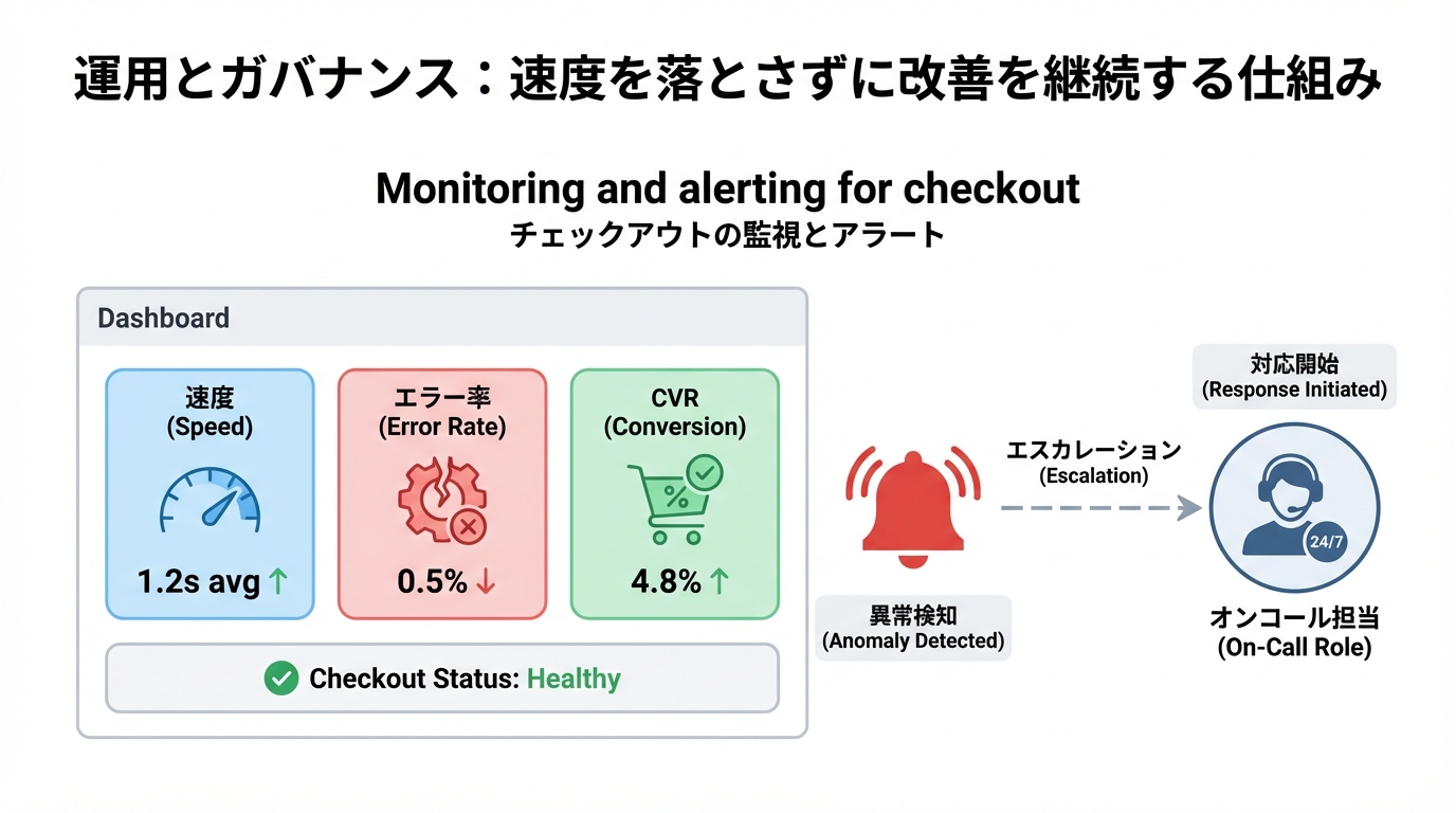 速度、エラー率、コンバージョン率の3つのタイルを持つダッシュボードと、アラートベルから担当者へのエスカレーションを示す図