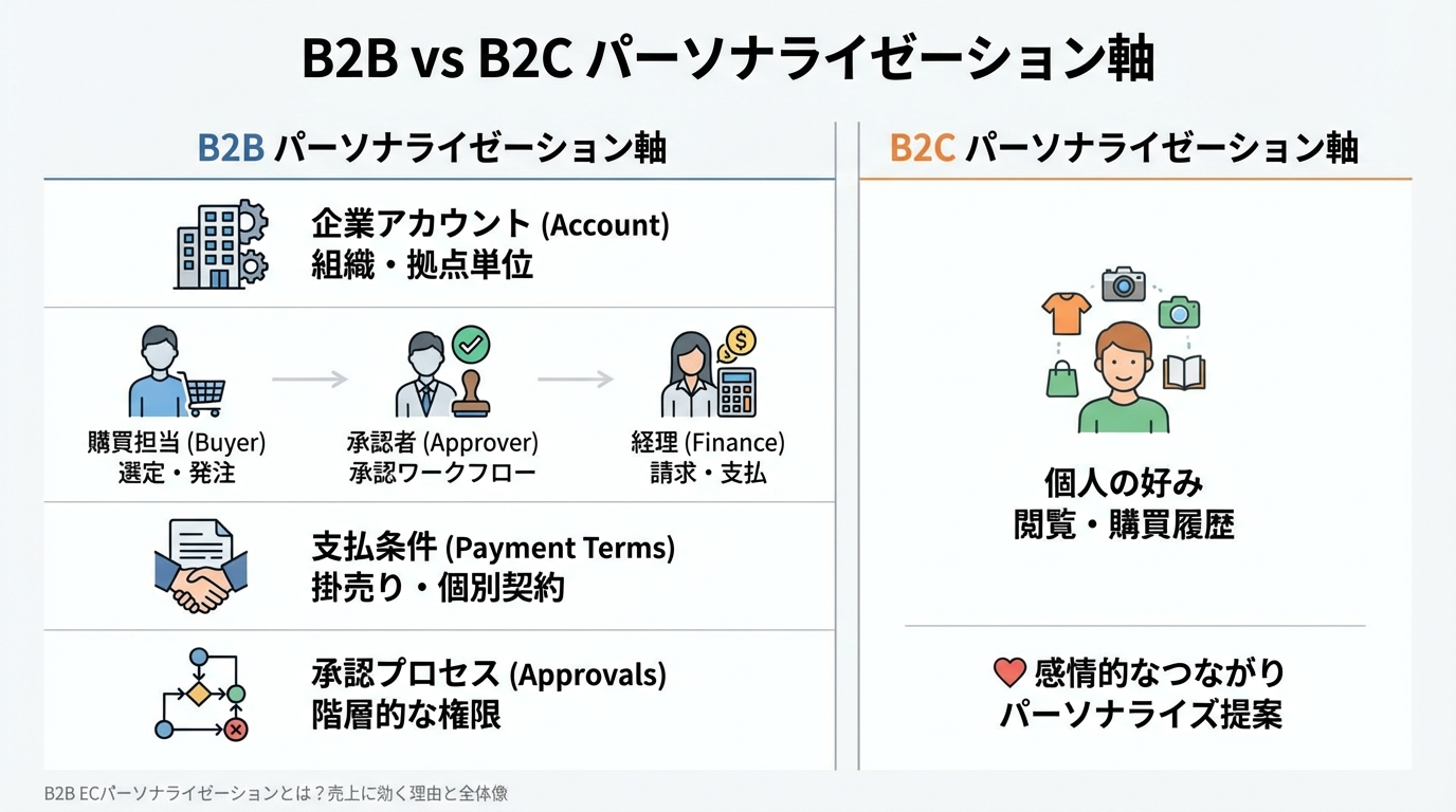 B2Bは企業アカウントや購買ロール、支払条件を軸にパーソナライズし、B2Cは個人嗜好や閲覧履歴を軸にする違いを示した比較インフォグラフィック