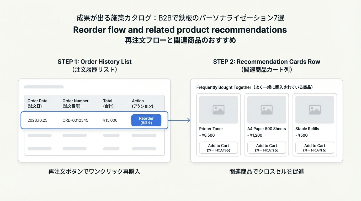 注文履歴一覧からワンクリックで再注文できるボタンと、その下に関連商品レコメンドカードが並ぶUIのモックアップ