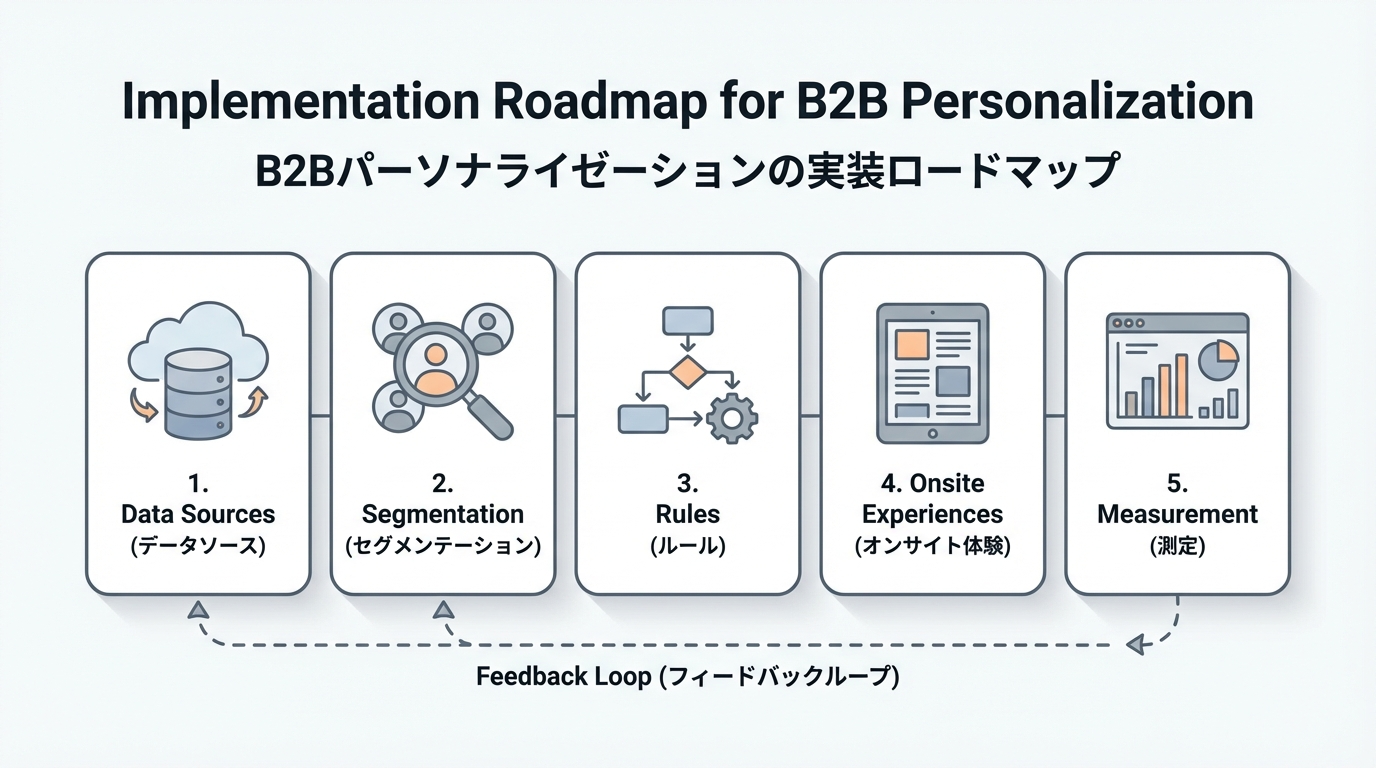データソースの統合からセグメント設計、ルール定義、サイト体験の出し分け、効果測定までを横一列の5ステップで示したロードマップ図