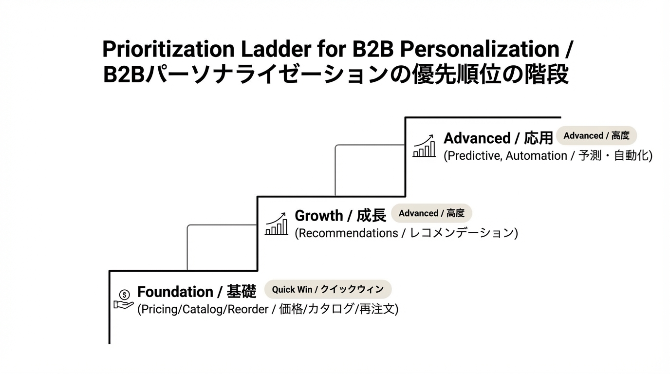 価格・カタログ・再注文を土台に、その上にレコメンドや予測モデルなどを段階的に積み上げる階段状の優先順位図