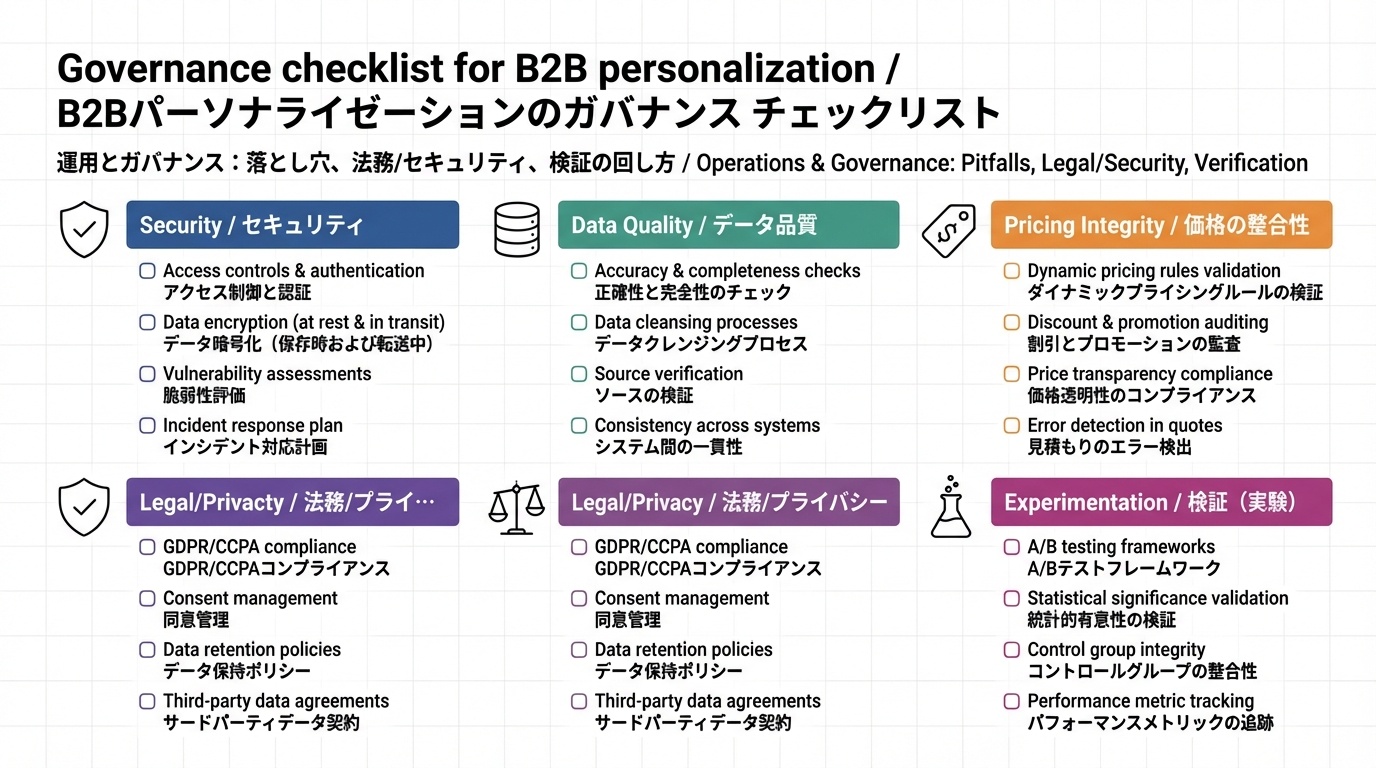 セキュリティ・データ品質・価格整合性・法務/プライバシー・実験管理の5つのチェック項目をまとめたガバナンスチェックリスト