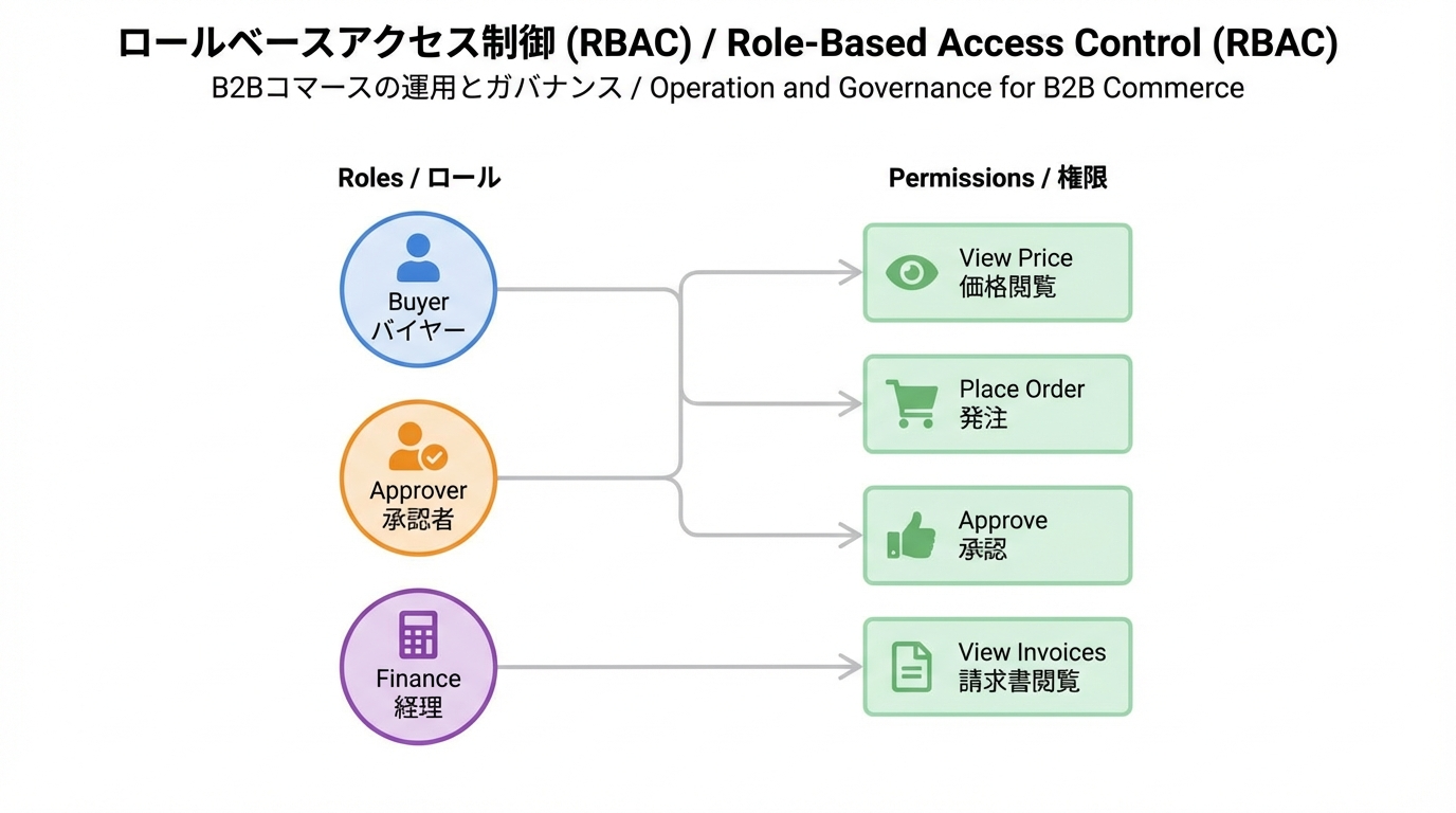 購買担当・承認者・経理などのロールと、価格閲覧や注文、承認、請求書閲覧といった権限を線で紐づけたロールベースアクセス制御の図