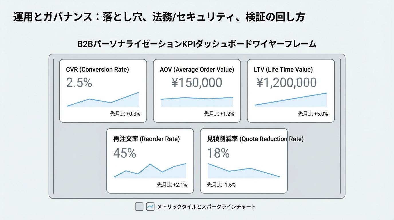 CVR・AOV・LTV・再注文比率・見積削減率など主要指標をタイル状に配置したKPIダッシュボードのワイヤーフレーム