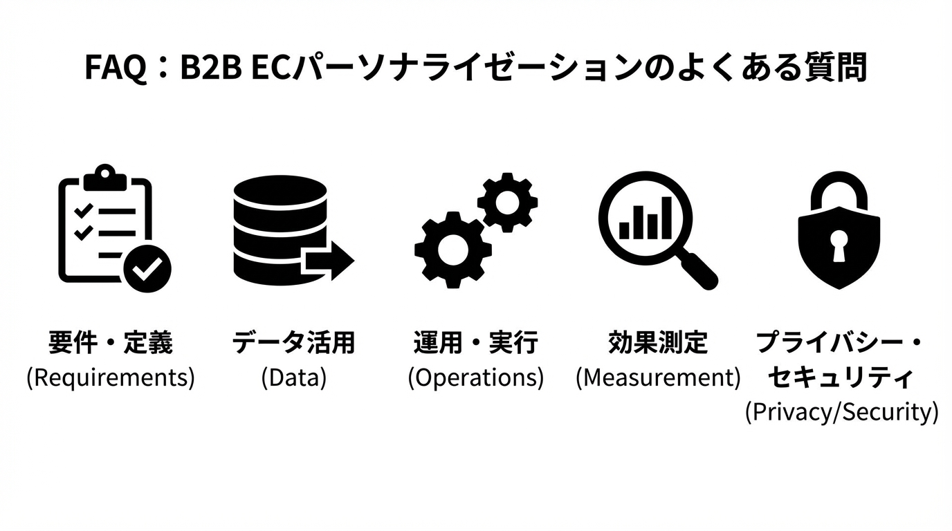 要件・データ・運用・効果測定・プライバシー/セキュリティの5カテゴリを表すアイコンを横に並べた図