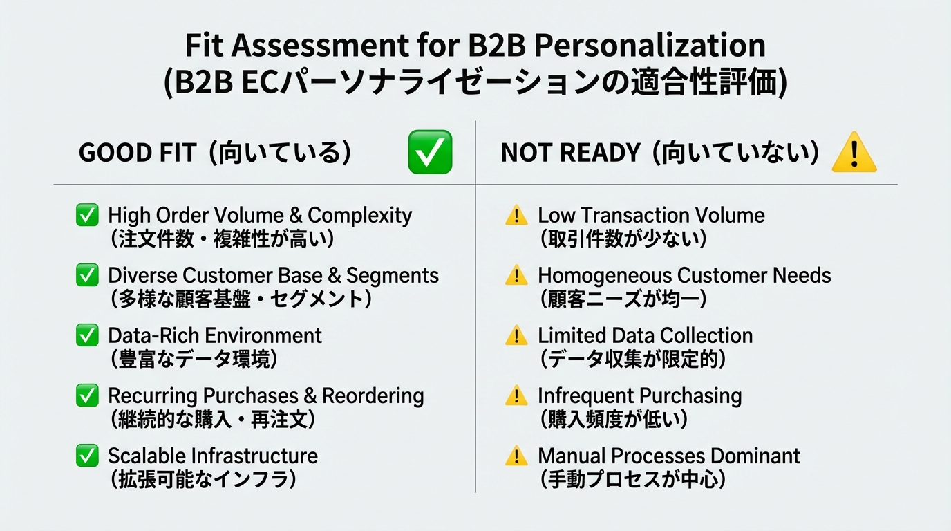B2Bパーソナライゼーションに向いている企業とまだ準備が必要な企業の条件を左右のカラムで比較した二分表