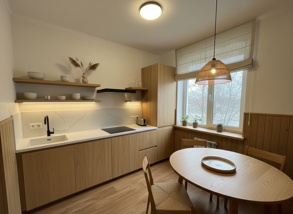 Дизайн кухни в стиле Japandi — фото интерьера от нейросети RoomGPT