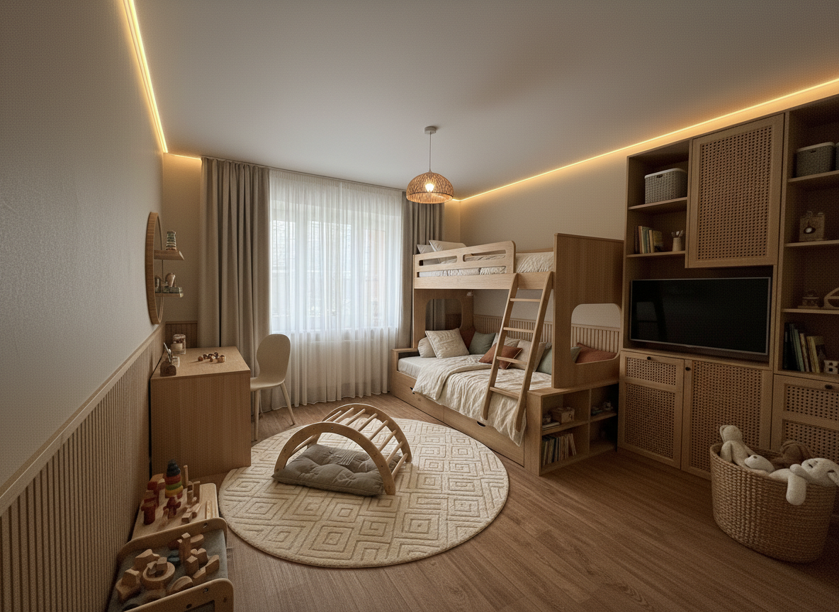 Дизайн детской в стиле Japandi — фото интерьера от нейросети RoomGPT