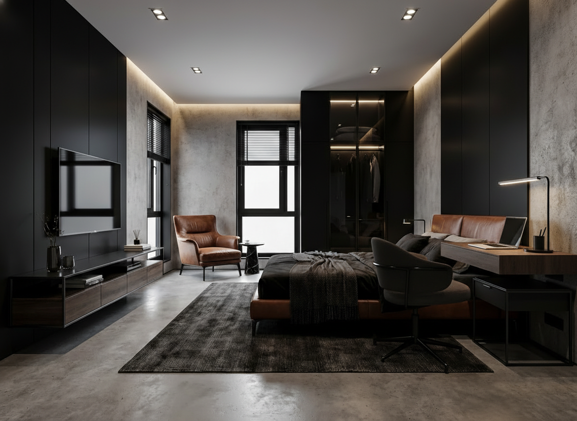 Дизайн спальни в стиле Блэктэк — фото интерьера от нейросети RoomGPT