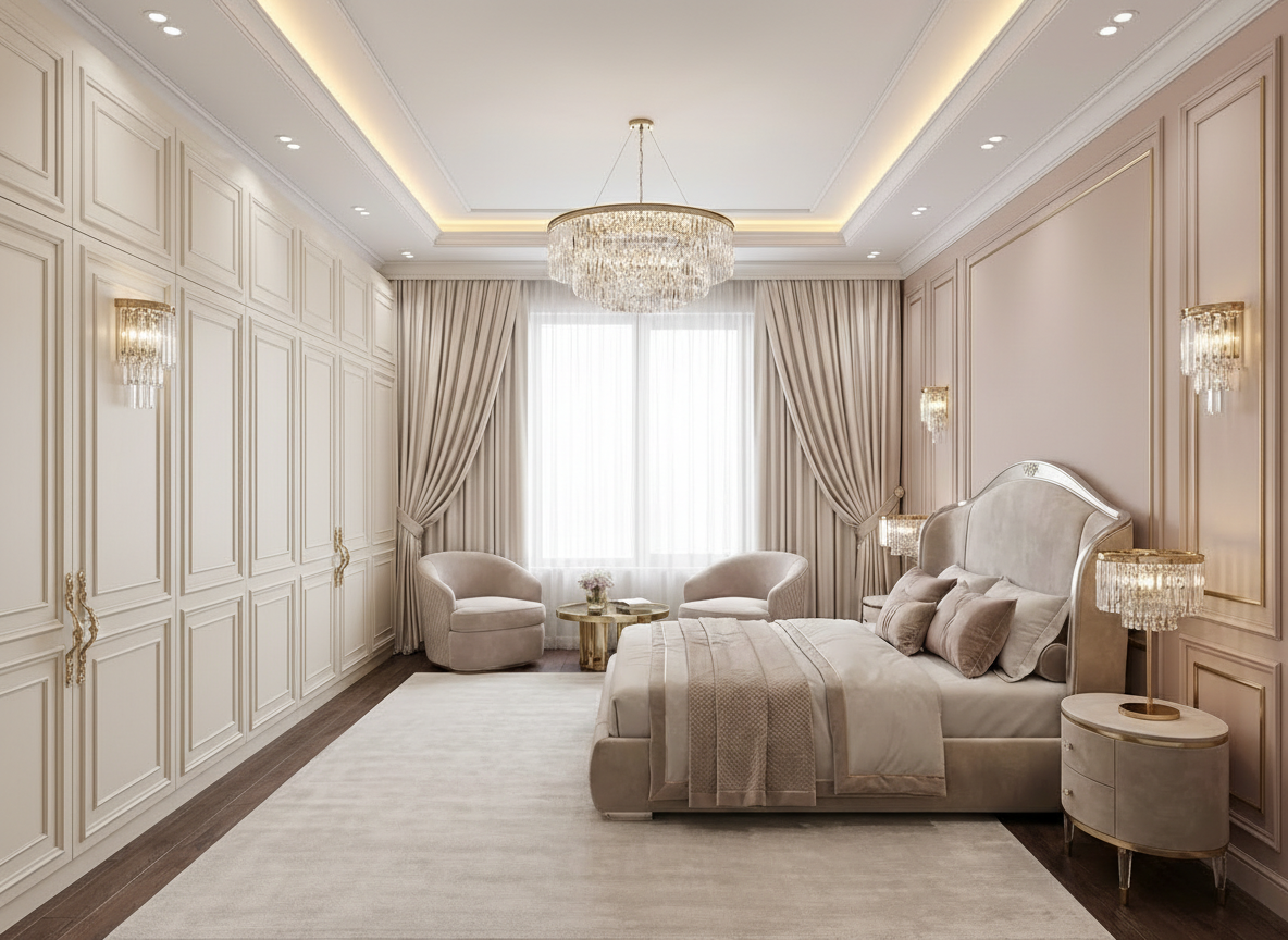 Дизайн спальни в стиле Неоклассика — фото интерьера от нейросети RoomGPT
