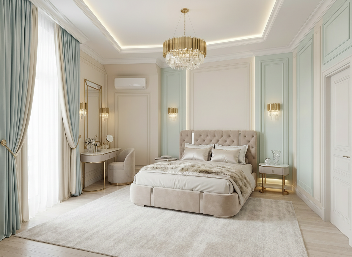 Дизайн спальни в стиле Неоклассика — фото интерьера от нейросети RoomGPT