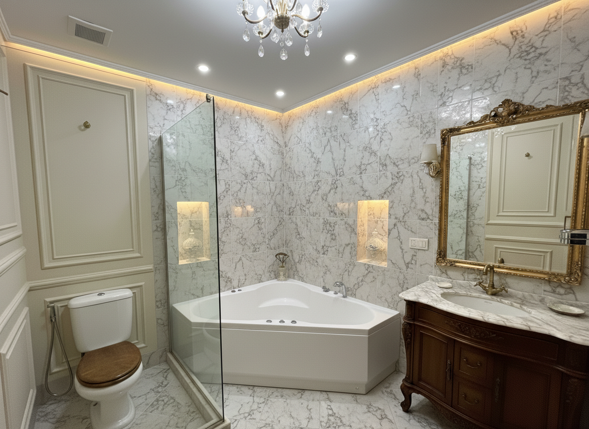 Дизайн ванной в стиле Классика — фото интерьера от нейросети RoomGPT