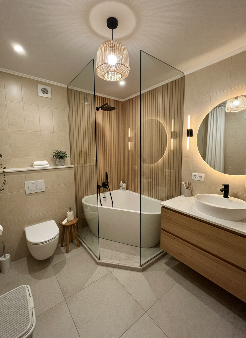 Дизайн ванной в стиле Japandi — фото интерьера от нейросети RoomGPT