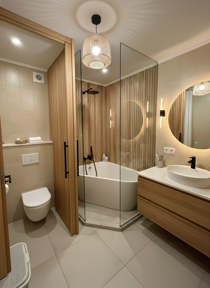 Дизайн ванной в стиле Japandi — фото интерьера от нейросети RoomGPT