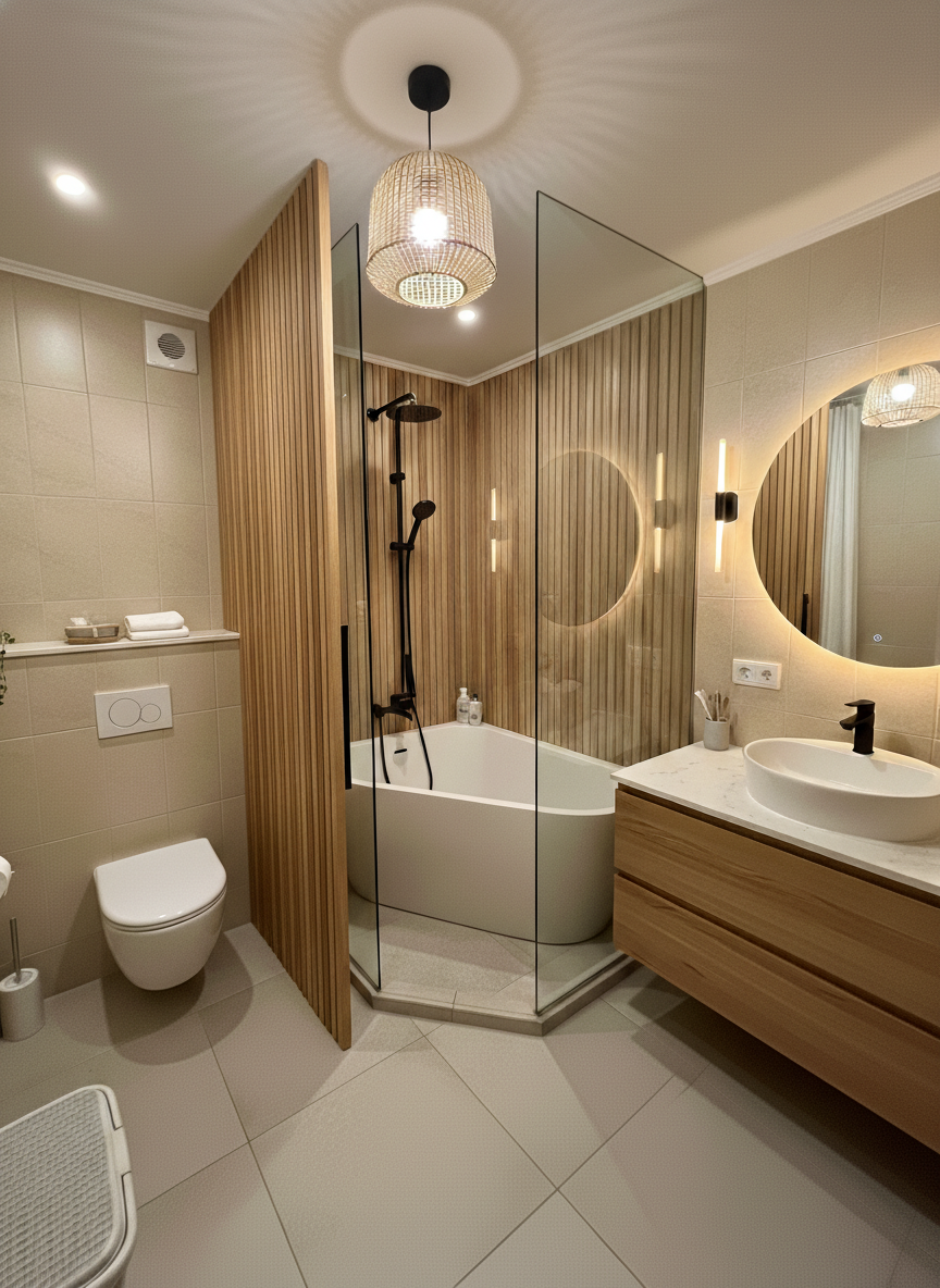 Дизайн ванной в стиле Japandi — фото интерьера от нейросети RoomGPT