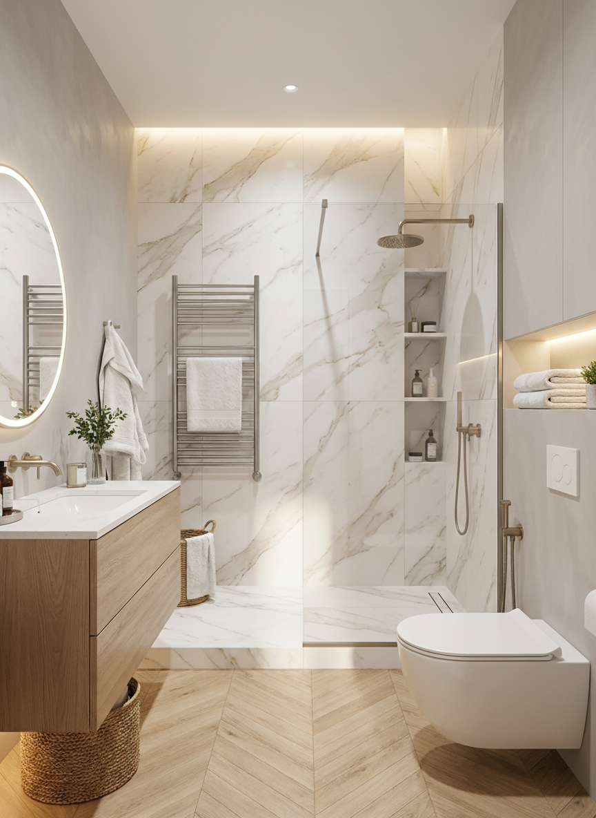 Дизайн ванной в стиле Сканди — фото интерьера от нейросети RoomGPT