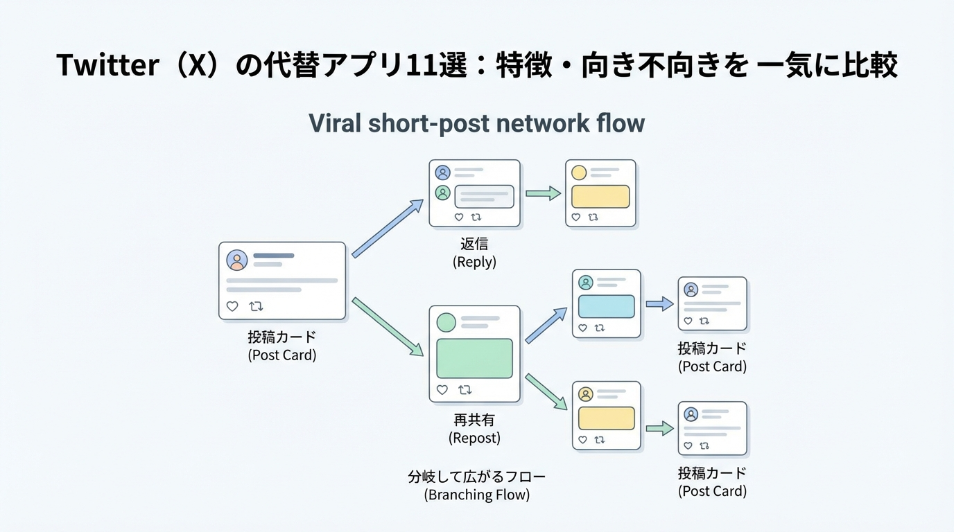短文投稿カードからリプライや再共有が枝分かれして広がっていく様子を表した、汎用UIのフロー図
