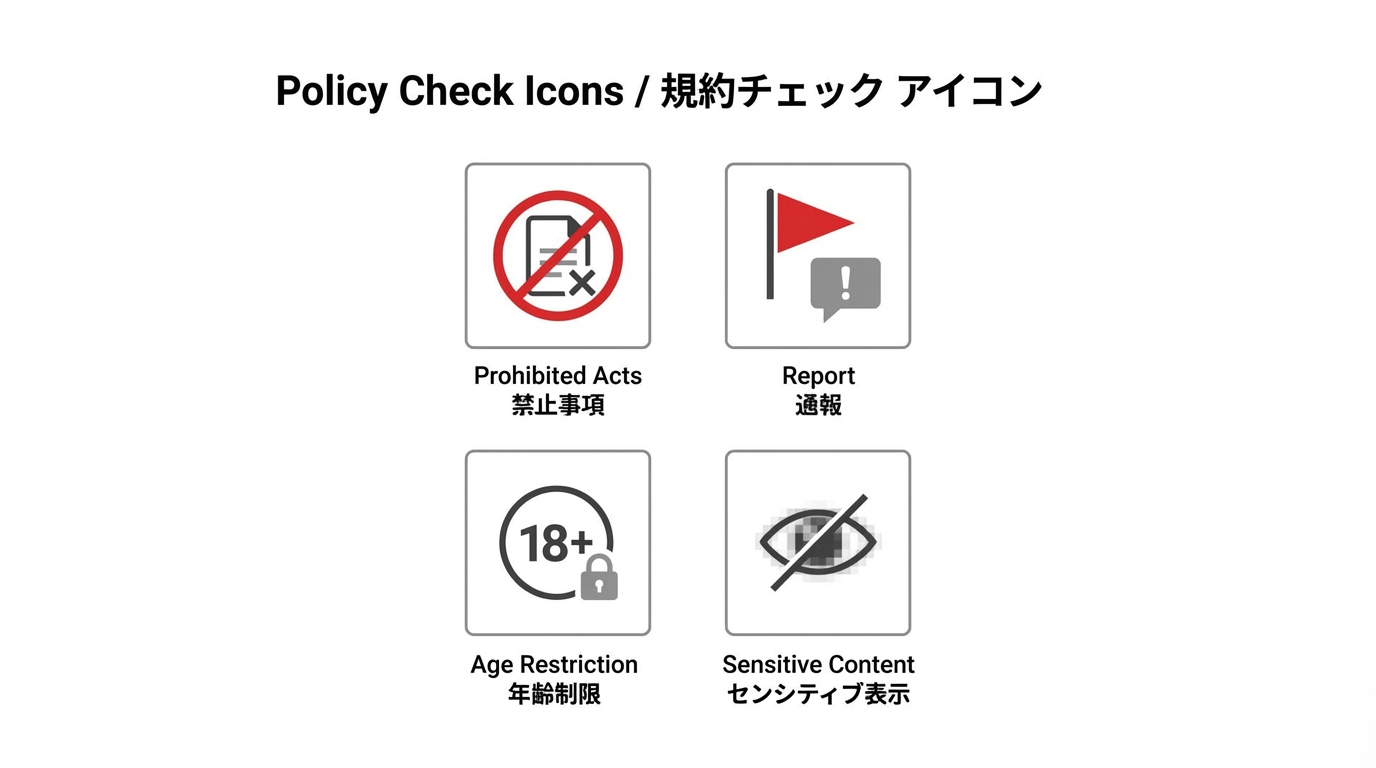 禁止事項アイコン、通報フラグ、年齢制限やセンシティブ表示など、ガイドライン確認のポイントを示したアイコンセット