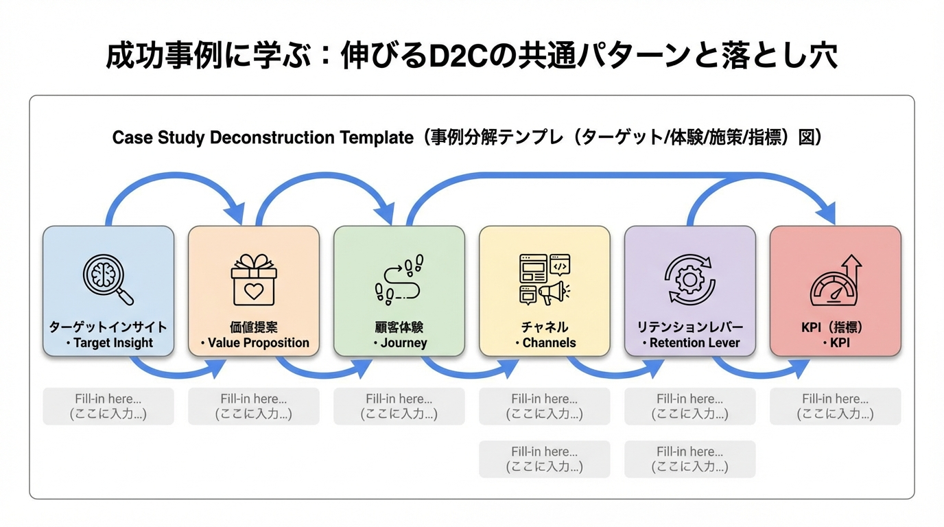 ターゲットインサイト、価値提案、カスタマージャーニー、チャネル、リテンション施策、KPIを整理する事例分解テンプレート図