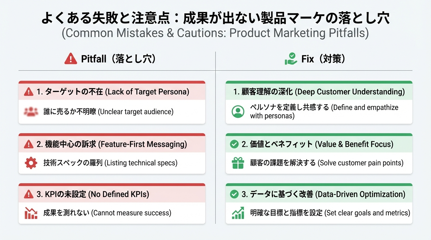 左側によくある落とし穴、右側に対応策を並べて対比したリスト形式のインフォグラフィック