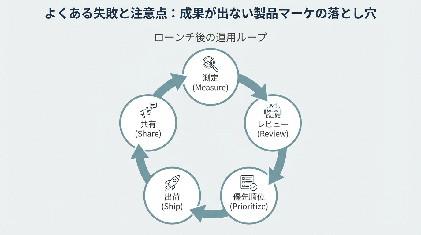 計測、レビュー、優先順位付け、実装、共有の5ステップが円環になったローンチ後の運用サイクル図