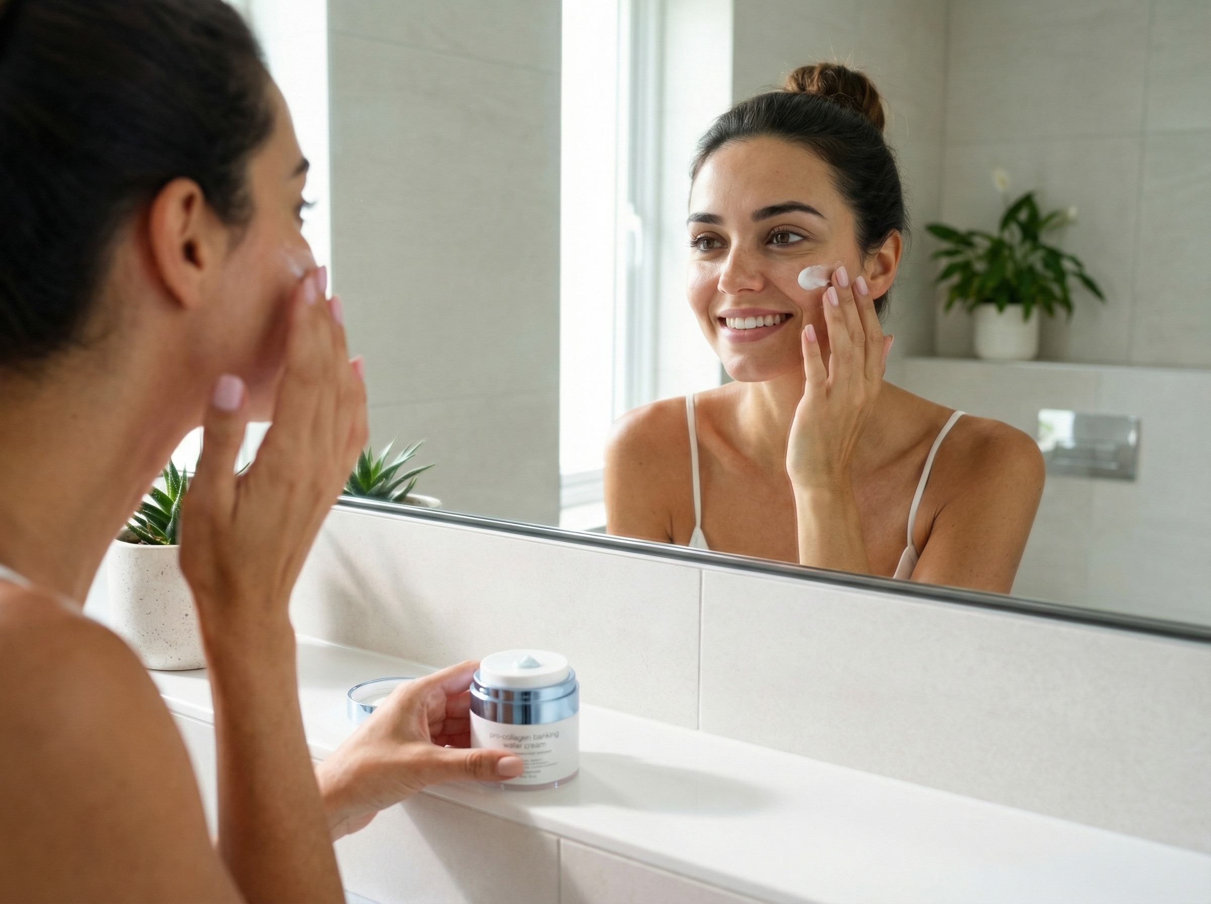 Woman in her 40s applying facial cream to her cheek in a bright, modern bathroom