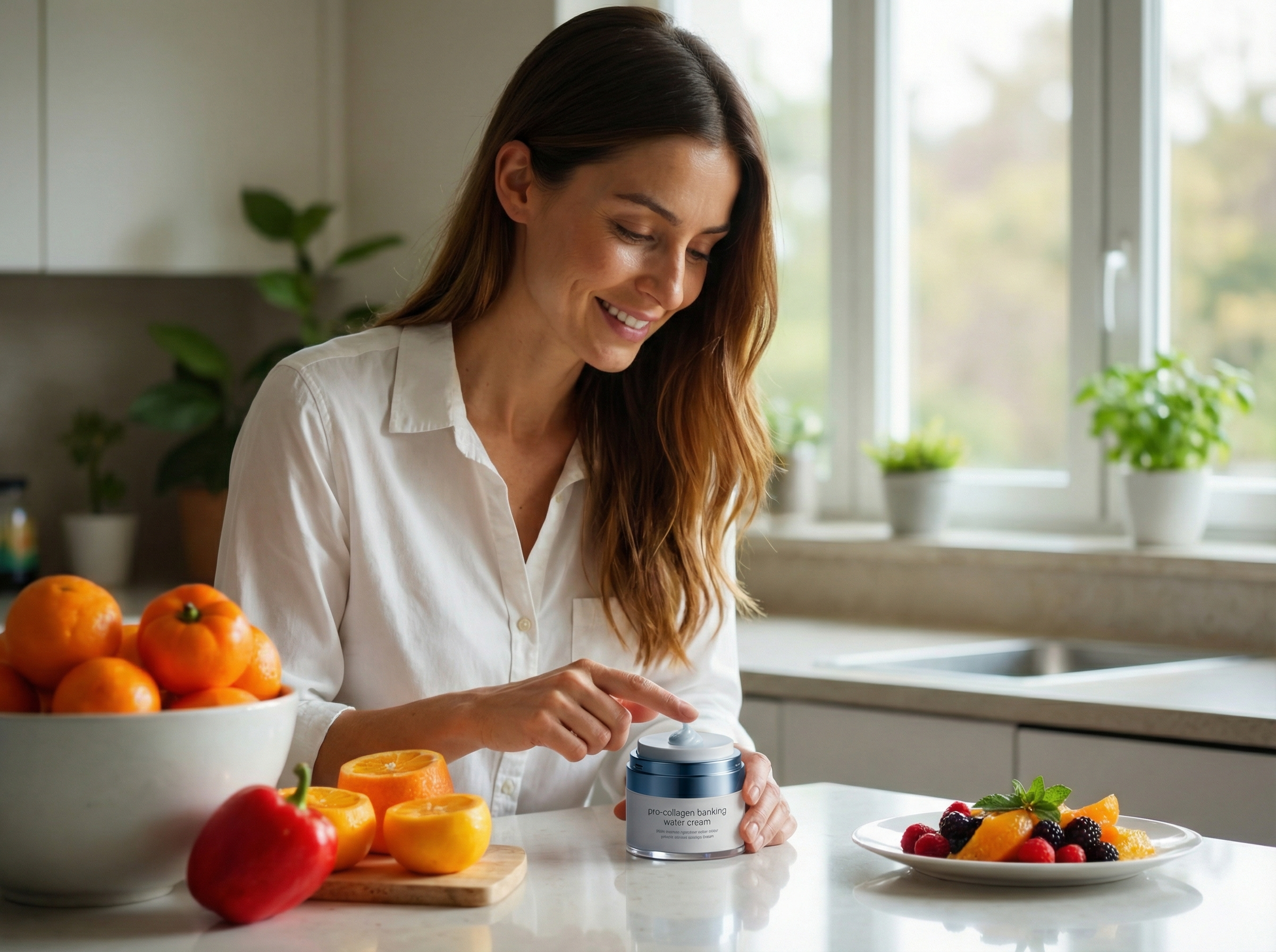 Woman preparing a healthy breakfast with vitamin C-rich foods including citrus fruits and colourful vegetables as part of holistic collagen support