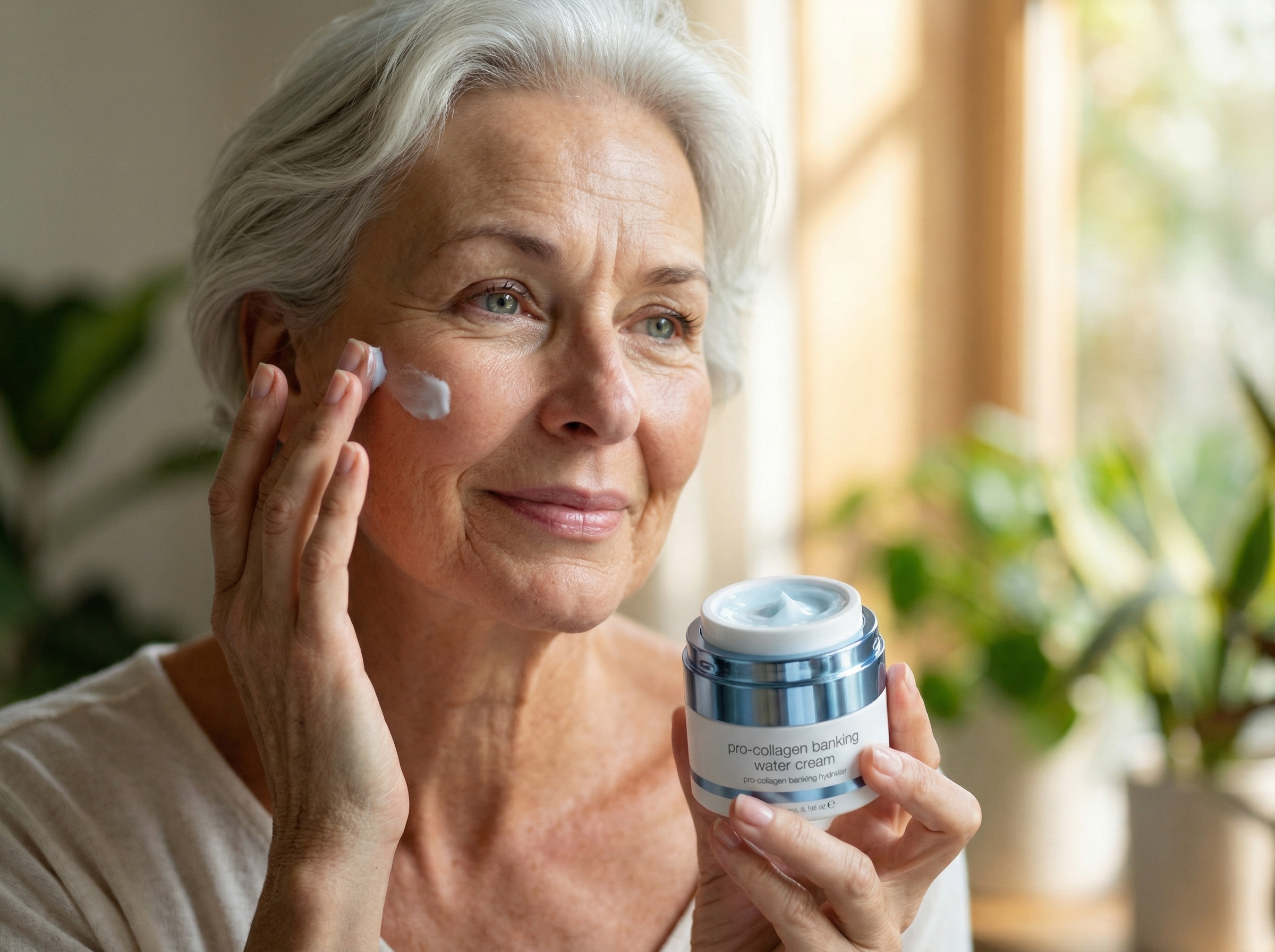 Woman in her fifties applying Dermalogica Pro-Collagen Banking Water Cream to her face, showing product texture and application technique