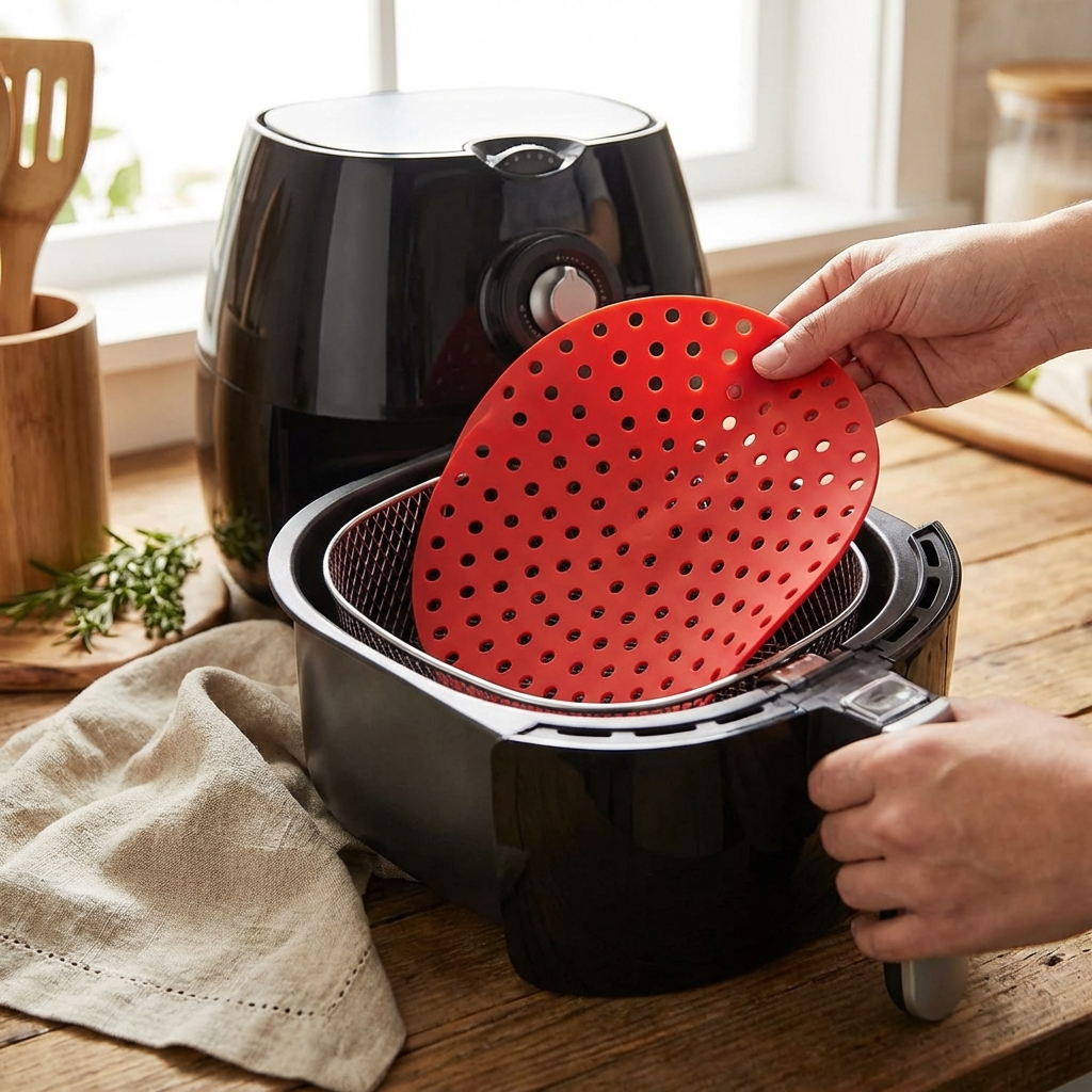 Voce e um fotografo profissional de e-commerce para Brasil. Use a imagem de referencia APENAS como referencia do PRODUTO (forma, proporcoes, textura, cores e acabamento). Nao copie o fundo/cenario da imagem de referencia. Preserve o produto fielmente. Nao redesenhe nem reinterprete o produto. Nao adicione nem remova partes do produto. Nao crie selos, badges, etiquetas ou elementos extras. Foto quadrada 1200x1200, ultra-realista, nitida, com iluminacao profissional e sombra natural. UMA FOTO UNICA, sem colagem, sem mosaico, sem multiplos quadros. Nao desenhe caixas de texto, banners ou placeholders; o texto sera aplicado depois. Pessoas permitidas apenas para demonstrar uso do produto; sem rosto em destaque. Sem textos gerados, sem marcas dagua, sem itens extras. Categoria: Utensílios de Cozinha. Material: silicone. Paleta: vermelho. Estilo do nicho: tapete, silicone, redondo, air. Ambiente realista com produto em uso, SEM FUNDO BRANCO, luz natural suave e elementos cotidianos ao redor. Uso previsto: uso diario com praticidade. Paleta próxima a vermelho. Inclua referências visuais a tapete, silicone, redondo. Nicho: Casa/Decoracao. Ambiente aconchegante e elegante, foco em de