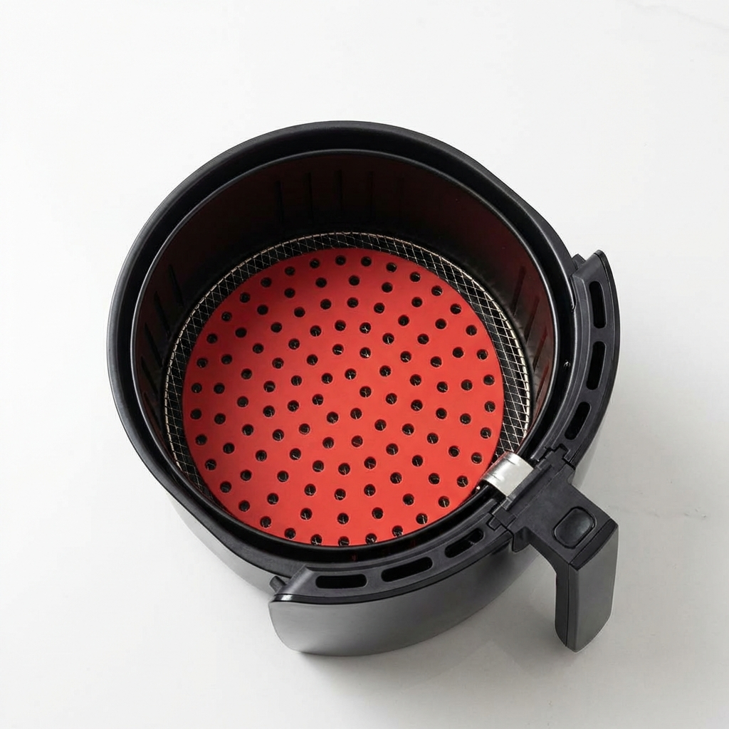 Voce e um fotografo profissional de e-commerce para Brasil. Use a imagem de referencia APENAS como referencia do PRODUTO (forma, proporcoes, textura, cores e acabamento). Nao copie o fundo/cenario da imagem de referencia. Preserve o produto fielmente. Nao redesenhe nem reinterprete o produto. Nao adicione nem remova partes do produto. Nao crie selos, badges, etiquetas ou elementos extras. Foto quadrada 1200x1200, ultra-realista, nitida, com iluminacao profissional e sombra natural. UMA FOTO UNICA, sem colagem, sem mosaico, sem multiplos quadros. Nao desenhe caixas de texto, banners ou placeholders; o texto sera aplicado depois. Sem pessoas, sem maos, sem textos gerados, sem marcas dagua, sem itens extras. Categoria: Utensílios de Cozinha. Material: silicone. Paleta: vermelho. Estilo do nicho: tapete, silicone, redondo, air. Fundo branco puro #FFFFFF, iluminação neutra e foco técnico no produto sem elementos extras. Uso previsto: uso diario com praticidade. Paleta próxima a vermelho. Inclua referências visuais a tapete, silicone, redondo. Nicho: Casa/Decoracao. Ambiente aconchegante e elegante, foco em decoracao. Evitar: sem excesso de objetos, sem bagunca visual. Fundo bran